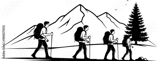 Mountain Hiking Adventure Silhouette Illustration
