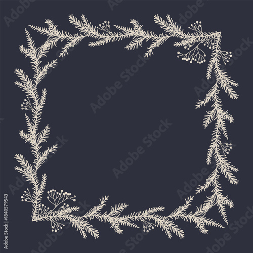 Christmas frame with fir branches, berries. Winter floral decor. Vector illustration hand-drawn in line art