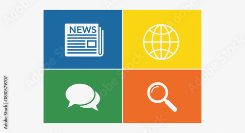 Four Icons Representing News Global Communication Discussion and Search.