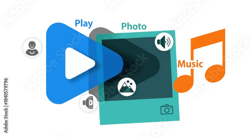 Digital Media Play Button and Music Notes.