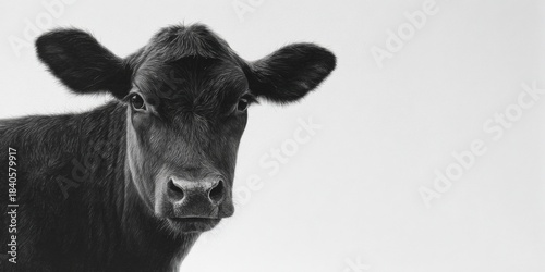 Black cow on minimalist white background staring directly at camera