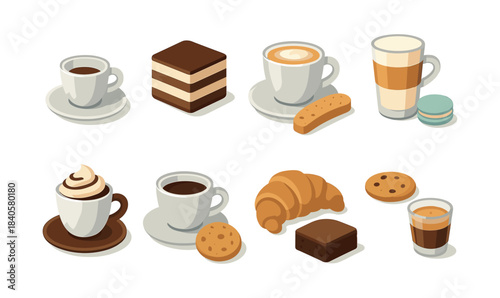 Coffee and dessert collection, croissants, cookies, flat vector illustration