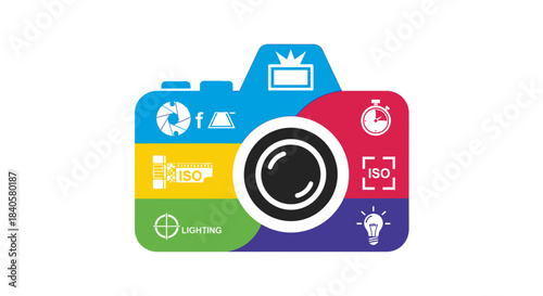 Colorful Camera Icon with Photography Settings and Creative Elements.