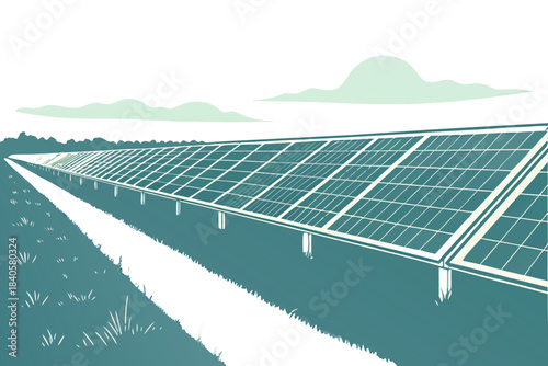 Abstract solar farm landscape with repeating flat-panel shapes and horizon light band, transparent background.
