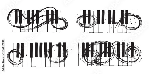 Piano keys abstract artistic hand-drawn black and white musical instrument elements with expressive brushstrokes and ink splatters creating a dynamic graphic design.
