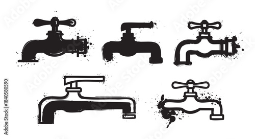 Five distinct water taps and faucets illustrated in a grunge ink splatter style, representing plumbing fixtures and water conservation concepts.