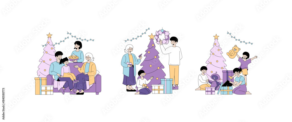Fototapeta premium Family Celebrating Christmas with Gifts and Decorations