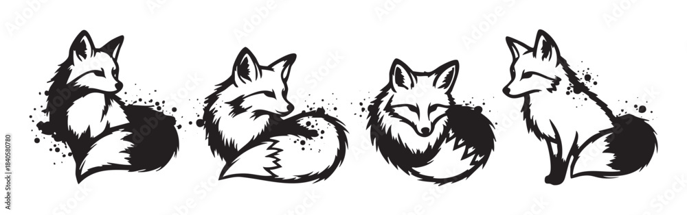 Fototapeta premium Four stylized black and white fox illustrations showcasing various poses with an artistic ink splatter effect, perfect for graphic design projects.