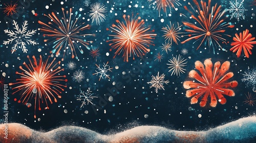 Festive winter scene with snowflakes, fireworks, and a golden ornament on a snowy calendar, creating a magical holiday atmosphere.