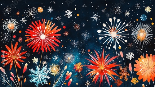 Festive winter scene with snowflakes, fireworks, and a golden ornament on a snowy calendar, creating a magical holiday atmosphere.