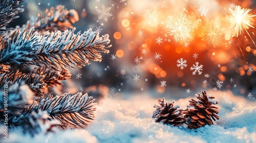 Festive winter scene with snowflakes, fireworks, and a golden ornament on a snowy calendar, creating a magical holiday atmosphere.