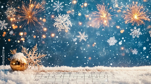 Festive winter scene with snowflakes, fireworks, and a golden ornament on a snowy calendar, creating a magical holiday atmosphere.