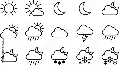 Minimalist Outline Weather Icons Vector Set: Sun, Cloud, Moon, Rain, Thunder, and Snow for Modern UI/UX Design, App Interfaces, and Climate Forecast Graphics