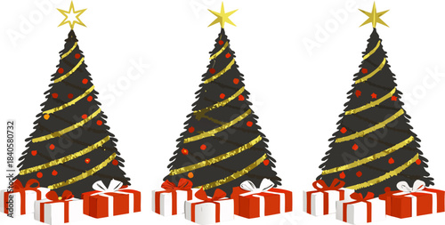 A festive Christmas tree with an assortment of decorations like baubles, fairy lights, and a sparkling top star, isolated with no background.