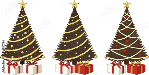 A fully decorated Christmas tree featuring shiny ornaments, ribbons, lights, and a star at the top, isolated against a clear background.