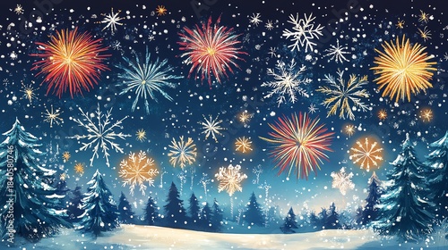 A festive winter cityscape with fireworks and snow, evoking a magical holiday atmosphere.