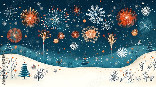 A festive winter cityscape with fireworks and snow, evoking a magical holiday atmosphere.