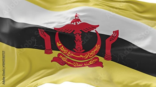 Close-up of Brunei flag waving in slow motion with clear fabric details, ideal for political, heritage, and national identity themes.