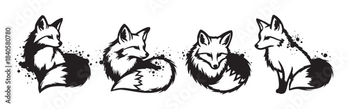 Four stylized black and white fox illustrations showcasing various poses with an artistic ink splatter effect, perfect for graphic design projects.