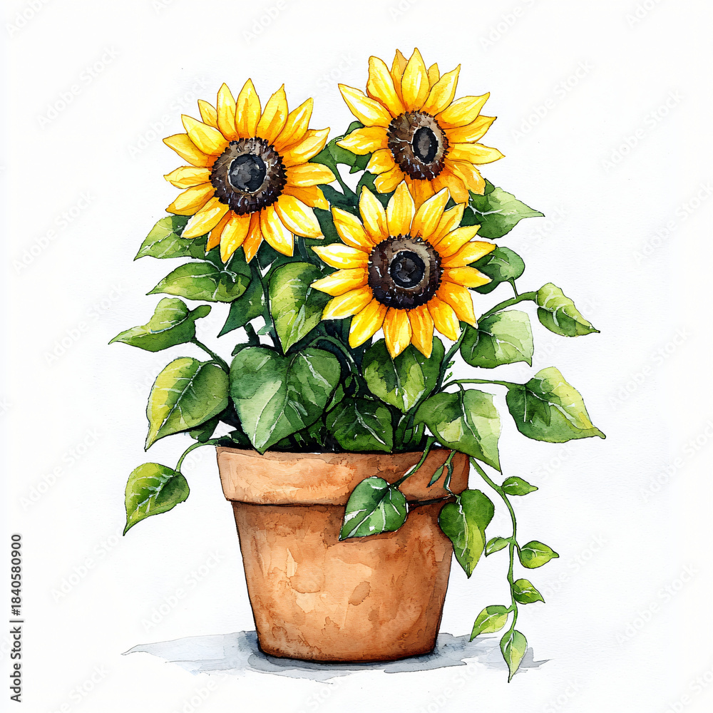 Obraz premium Vibrant sunflowers in terracotta pot home interior watercolor artwork bright and cheerful artistic perspective nature's beauty