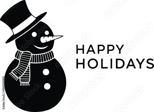 Black and white snowman wearing a hat and scarf on isolated with happy holidays text