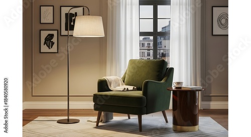 Cozy reading nook featuring a plush green velvet armchair beside a modern floor lamp and window view