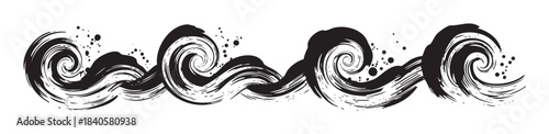 Black ink brushstroke waves create a dynamic and artistic flowing pattern with textured details and scattered splatters, evoking a sense of movement.