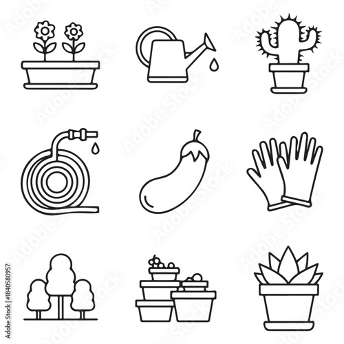 Set of gardening icons including plants, watering can, and tools on white background