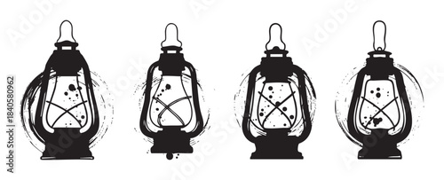 Four vintage rustic lanterns are depicted in a grunge black and white illustration style, evoking a sense of old-world charm and illumination.