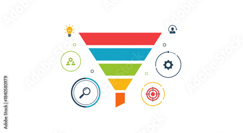 Colorful Sales Funnel with Business Icons Representing Marketing Strategy.