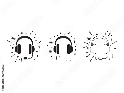 Black and white headphone icons with starburst effects on