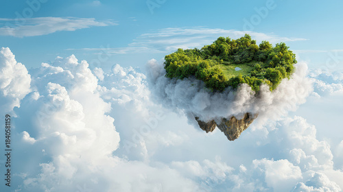 Surreal floating island with lush greenery and rocky formations surrounded by fluffy clouds, evoking sense of wonder and tranquility