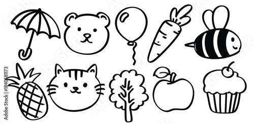 Set of hand drawn Line cute theme Isolated Vector