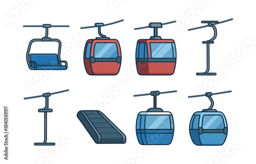 Ski lift and gondola collection, cable cars and chairlifts, flat vector illustration