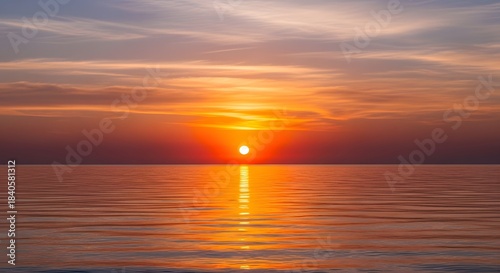 Brilliant orange sun setting over calm ocean water creates a stunning reflection under dramatic twilight clouds