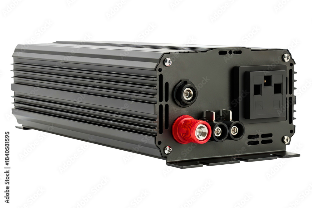 Fototapeta premium Black metal power inverter with AC socket and wire terminals on a transparent background