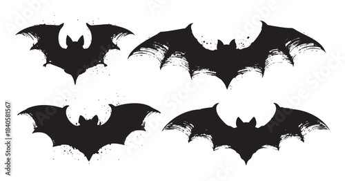 Four grunge style bats with distressed brushstroke textures create a spooky and artistic Halloween design element perfect for seasonal decorations and graphic projects.