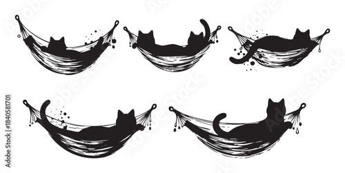 Black cats relaxing comfortably in various hammocks with a playful and artistic brushstroke silhouette style, perfect for pet-themed designs.