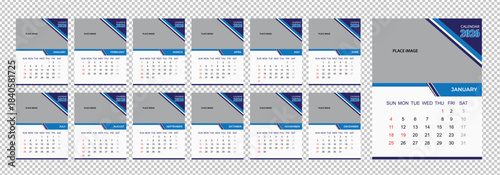 Minimalist 2026 calendar twelve pages template with image placeholder