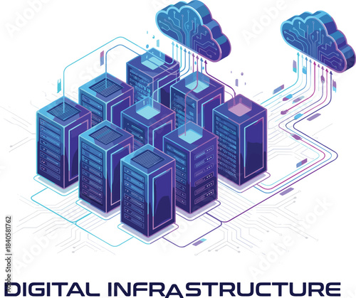 Digital infrastructure with cloud computing — cartoon-style server racks, data flow lines, and futuristic network connectivity design