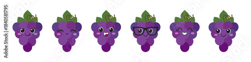 Purple grapes, cute cartoon character, big eyes, happy smiling face, emotions joy delight, kawaii style, ripe and juicy, symbol wine, emoji, icon vector illustration.