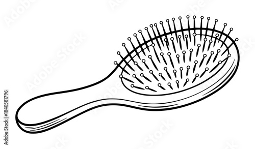 Monochrome Line of a Hairbrush with Oval Head and Curved Handle