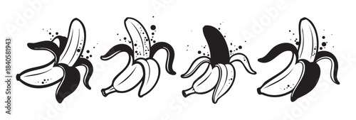 Four stylized peeled bananas are depicted in a striking black and white vector illustration with a distressed, artistic texture, suitable for various design projects.
