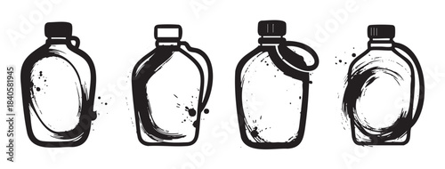 Four rustic syrup bottles with artistic brushstrokes and ink splatters, depicting a natural, handcrafted, and artisanal feel for food and beverage concepts.