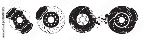 Car brake discs with calipers in a stylized grunge illustration featuring various artistic interpretations of automotive stopping mechanisms in black and white.