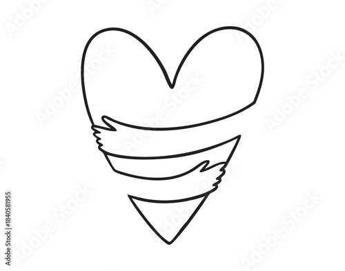 Hand drawn heart hugging band, playful line art ideal for handmade cards and gift tags, charming simple shape, black outline on white, cozy friendly tone for DIY projects and stationery.
