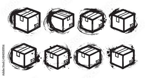 Cardboard boxes grunge style icons set for delivery, shipping, and packaging services, featuring a distressed hand-drawn aesthetic with ink splatters.