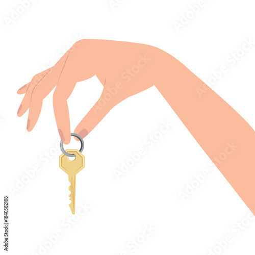 A woman's hand holding keys to the front door. Vector illustration in a flat style.