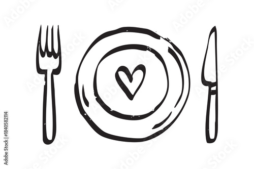 Handmade bistro branding design, Ink textured sketch of heart and utensils for restaurant branding, Artisan bistro identity concept featuring handdrawn heart with cutlery and textured ink style