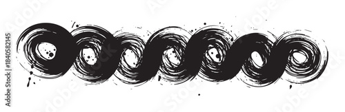 Black grunge brush strokes form a continuous abstract artistic pattern with textured ink splatters and rough edges, creating a dynamic visual element.